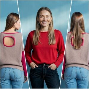 Cullen 100% Cashmere Crew Neck Sweater OpenBack Red Front Tan Back *back picture